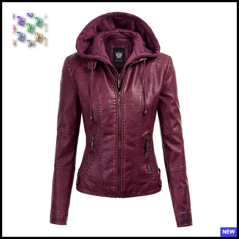 Faux Leather Moto Biker Jacket with Removable Hood Edgy Chic